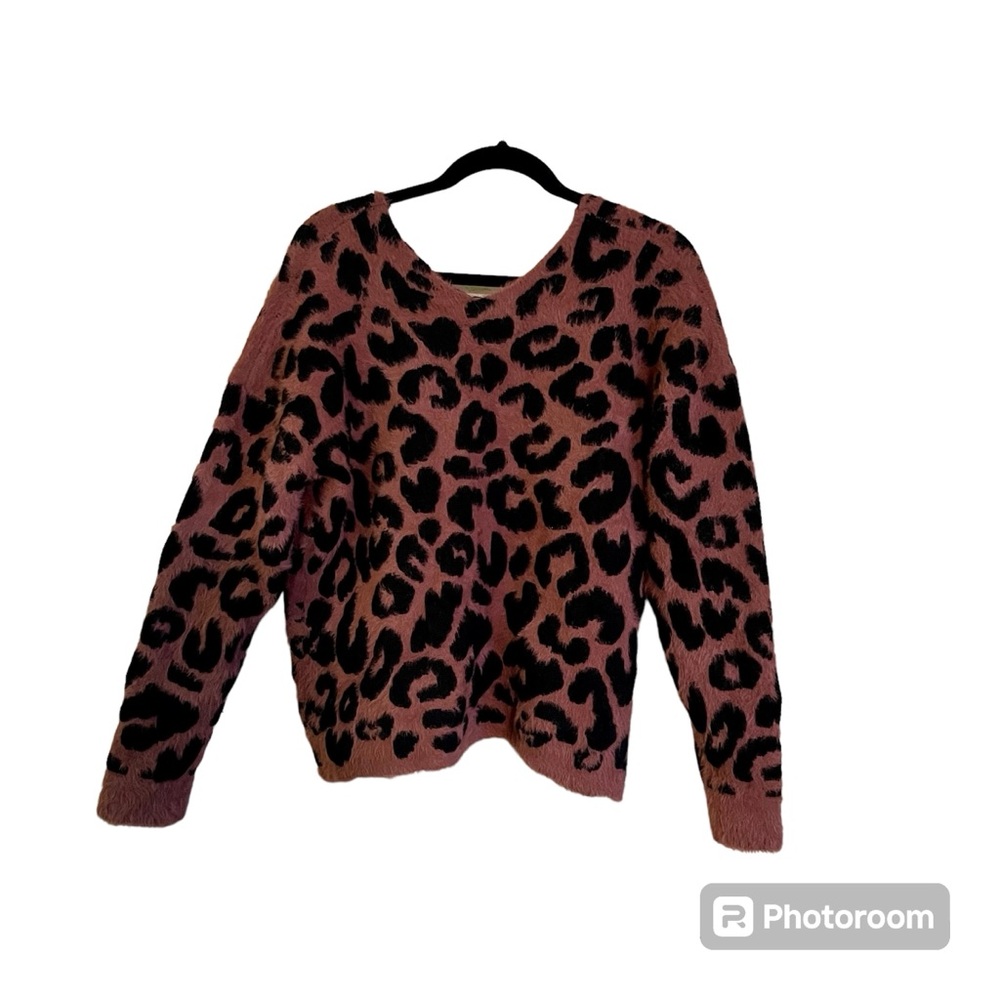 Animal print brown & black faux fur vneck sweater, large